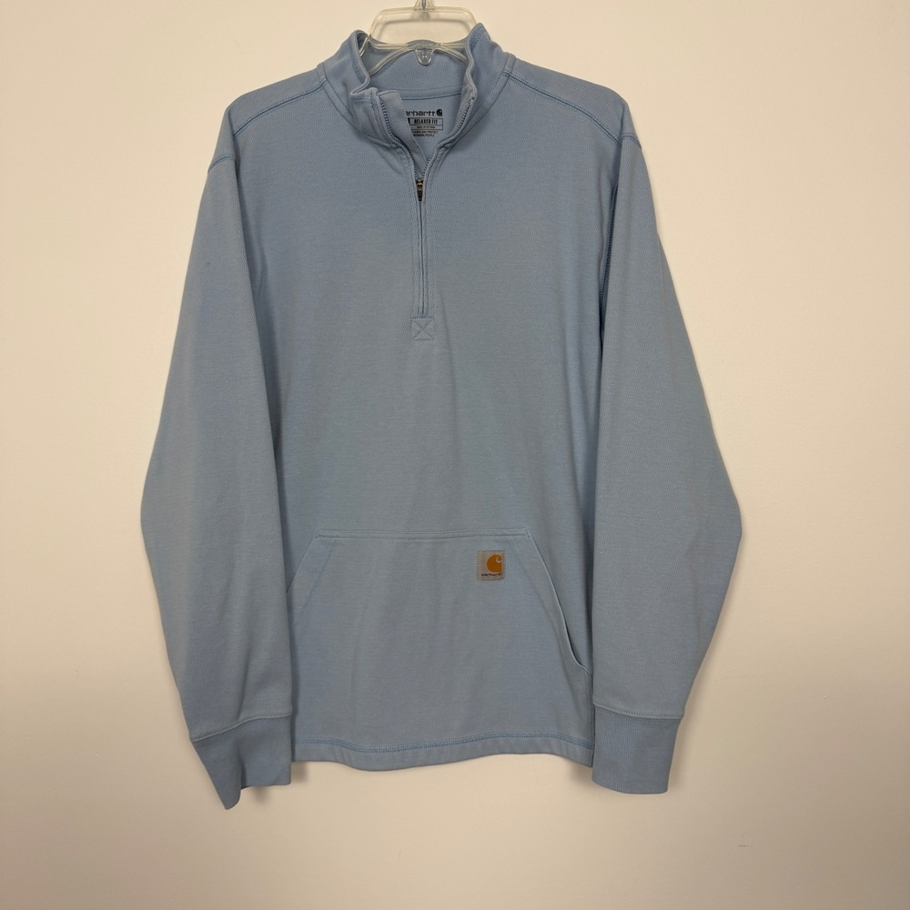 Carhartt Mens Relaxed Fit Quarter Zip Pullover Waffle Knit Blue Large